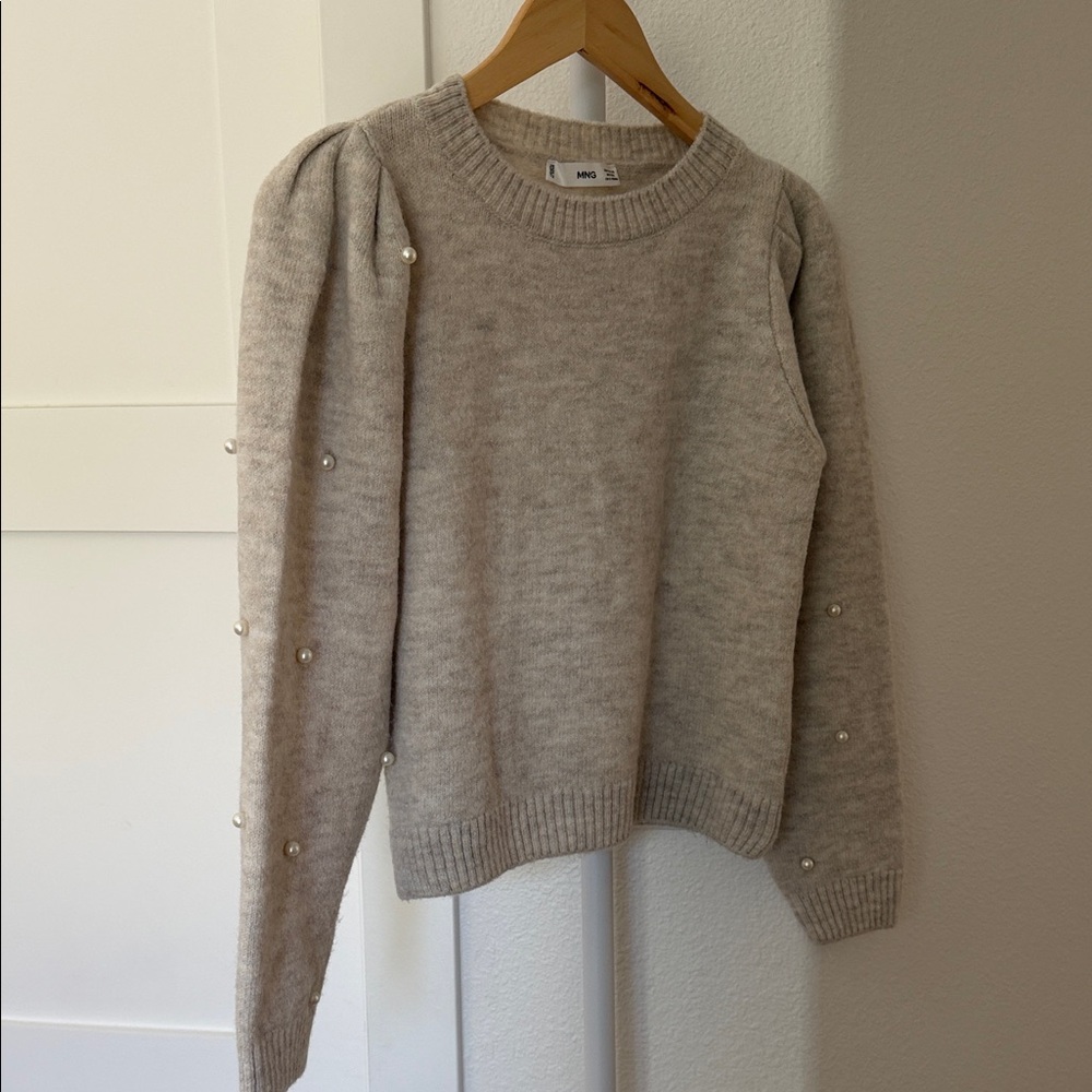 Mango Pearl-Embellished Crewneck Sweater - Light Beige